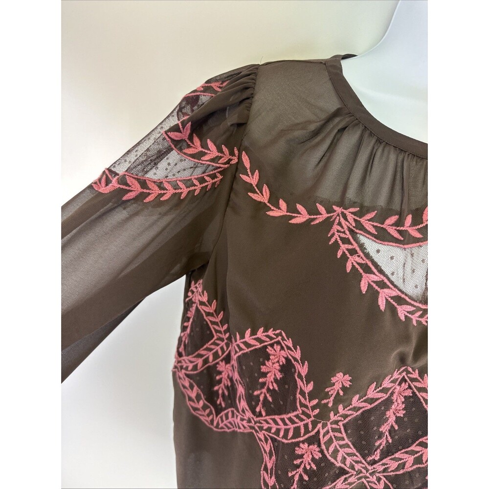 Anthropologie Long Sleeve Applique Blouse Brown Pink Embroidered Ruffle Chiffon - Picture 4 of 12